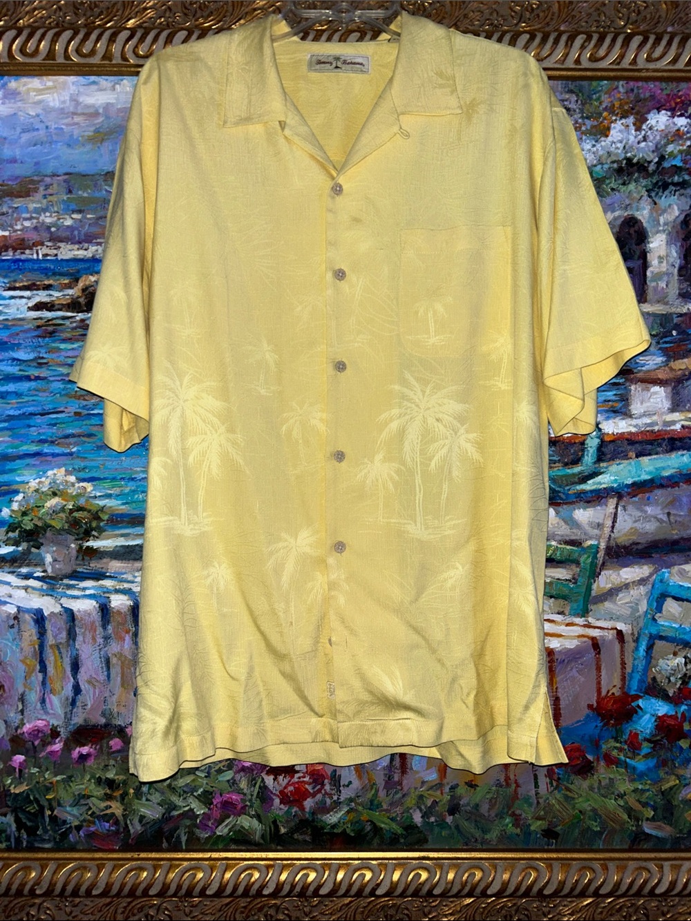 Classic Yellow Palm-Print Tommy Bahama button up Hawaiian shirt